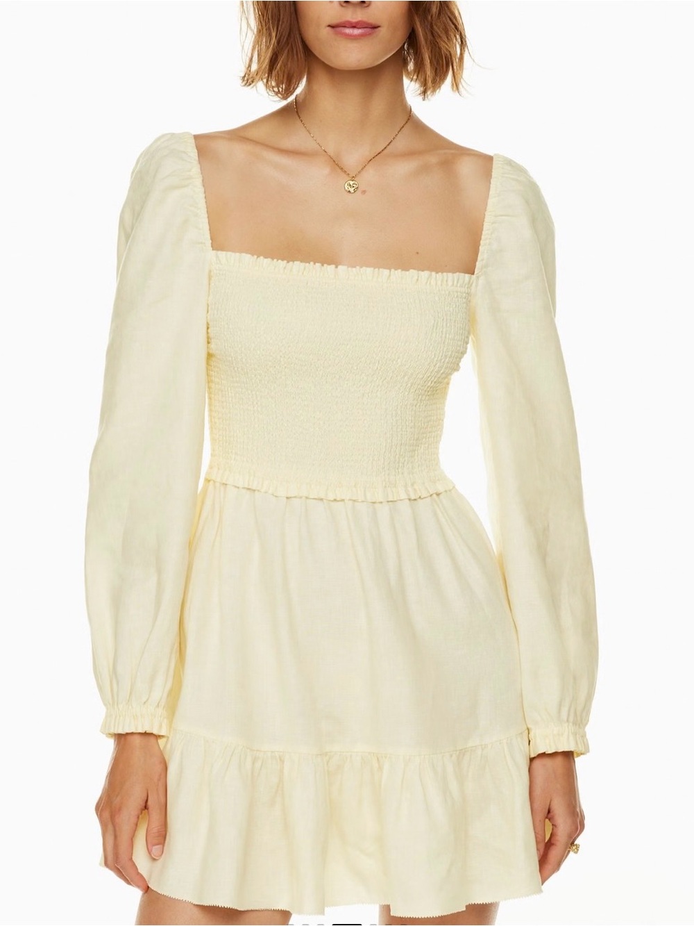 Wilfred Aritzia Tempest Linen Dress XL Cream Smocked Puff Sleeve Cottagecore